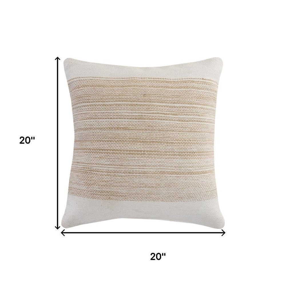 20" Beige And White Striped Cotton Blend Throw Pillow Cover