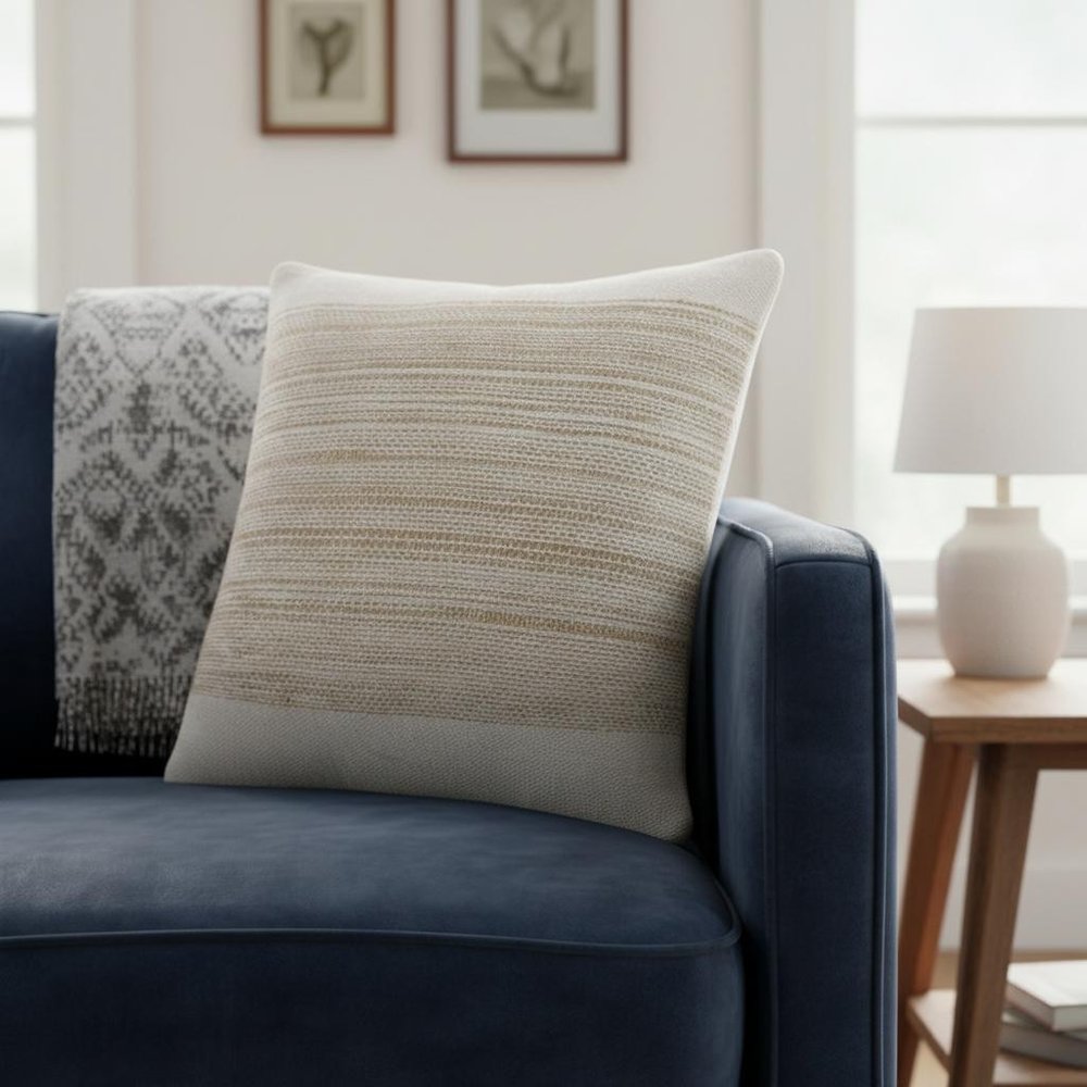 20" Beige And White Striped Cotton Blend Throw Pillow Cover