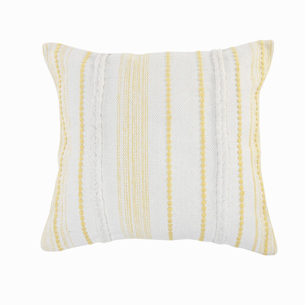 20" White And Yellow Striped Cotton Throw Pillow Cover