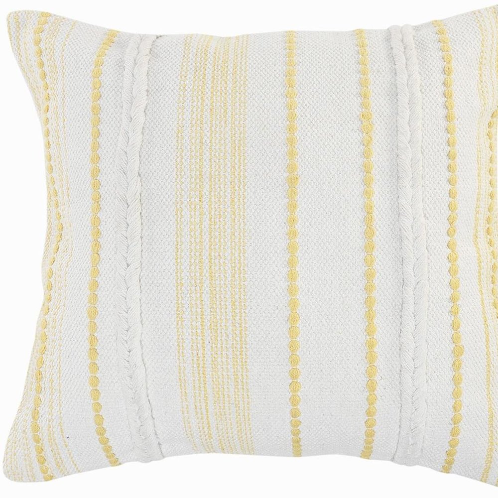 20" White And Yellow Striped Cotton Throw Pillow Cover