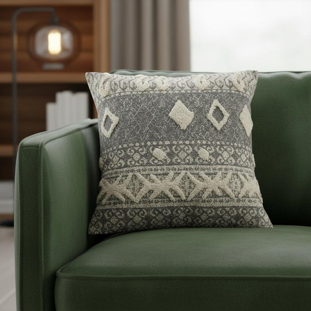 20" Gray And Cream Diamond Cotton Throw Pillow Cover