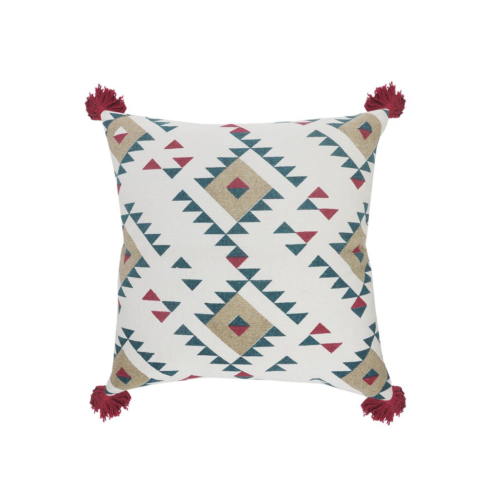 20" Off White Maroon And Teal Blue Geometric Cotton Throw Pillow Cover with Tassels