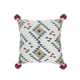 20" Off White Maroon And Teal Blue Geometric Cotton Throw Pillow Cover with Tassels