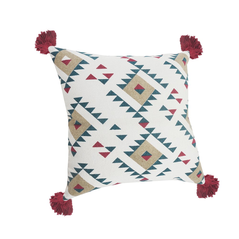 20" Off White Maroon And Teal Blue Geometric Cotton Throw Pillow Cover with Tassels