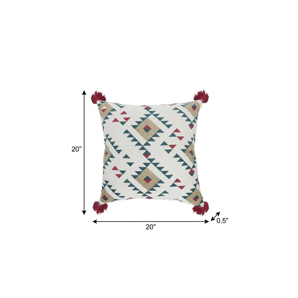 20" Off White Maroon And Teal Blue Geometric Cotton Throw Pillow Cover with Tassels