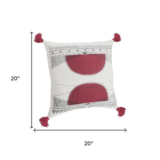 20" White And Black Geometric Cotton Throw Pillow Cover with Tassels