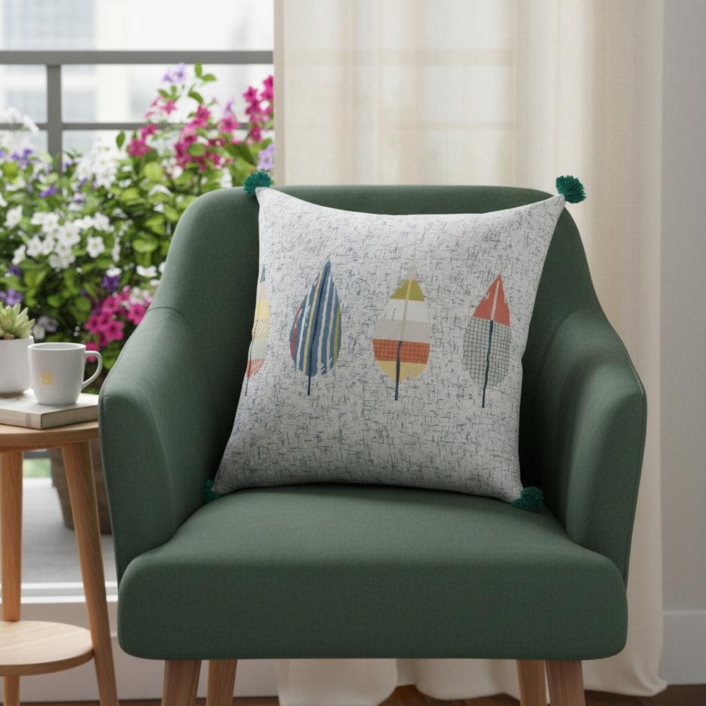20" Teal Blue And Off White Floral Throw Pillow Cover with Tassels