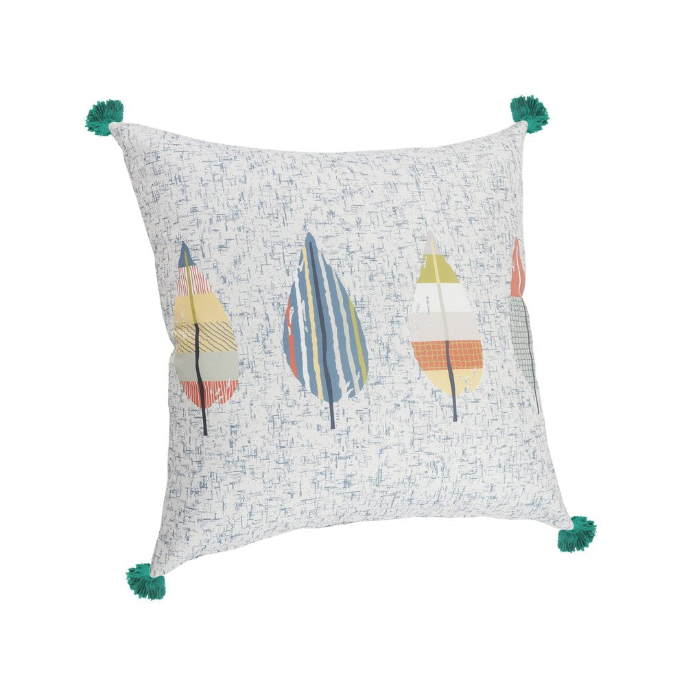 20" Teal Blue And Off White Floral Throw Pillow Cover with Tassels