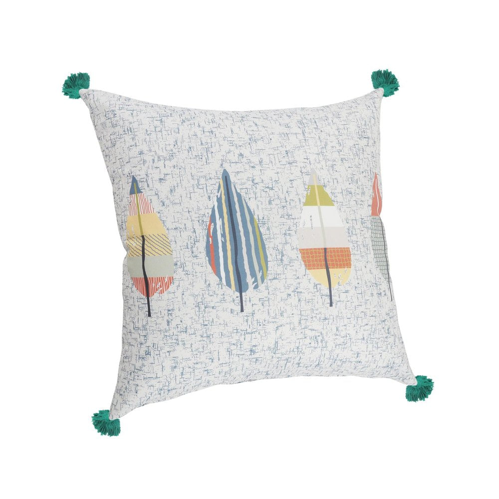 20" Teal Blue And Off White Floral Throw Pillow Cover with Tassels