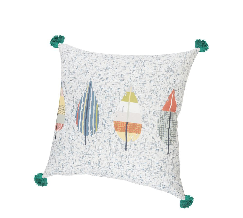 20" Teal Blue And Off White Floral Throw Pillow Cover with Tassels