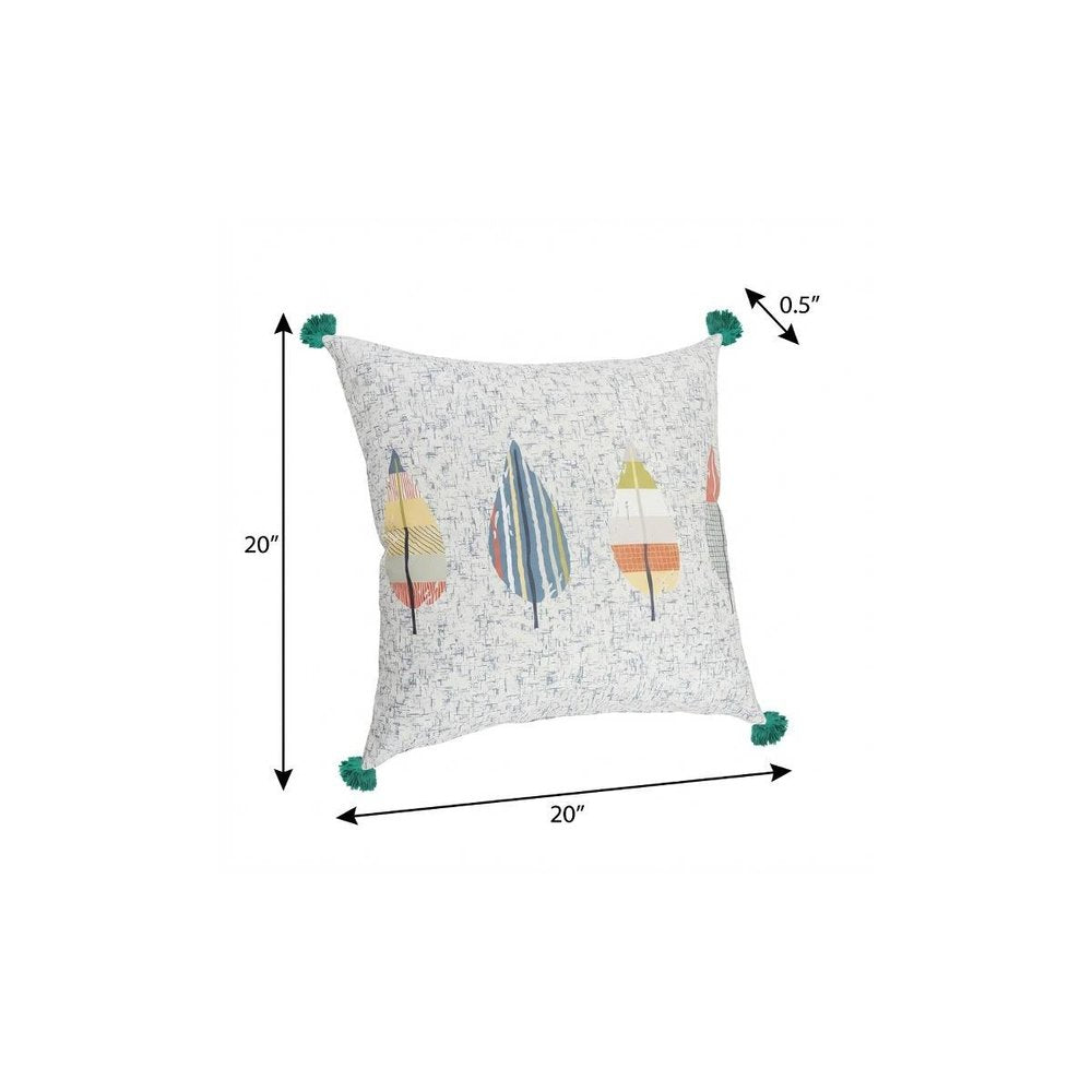 20" Teal Blue And Off White Floral Throw Pillow Cover with Tassels