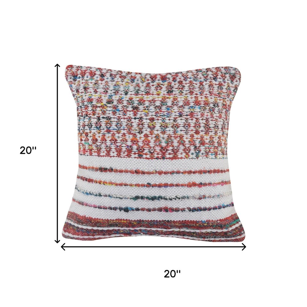 20" White And Red Striped Polyester Blend Throw Pillow Cover