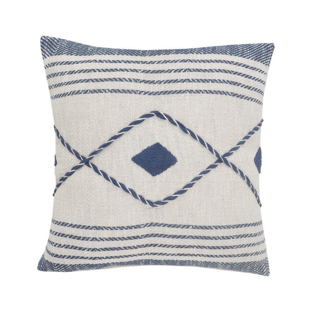 20" Blue And White Beach Geometric Cotton Throw Pillow Cover