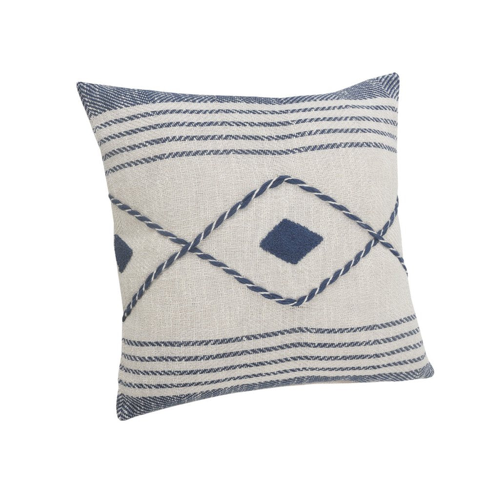 20" Blue And White Beach Geometric Cotton Throw Pillow Cover