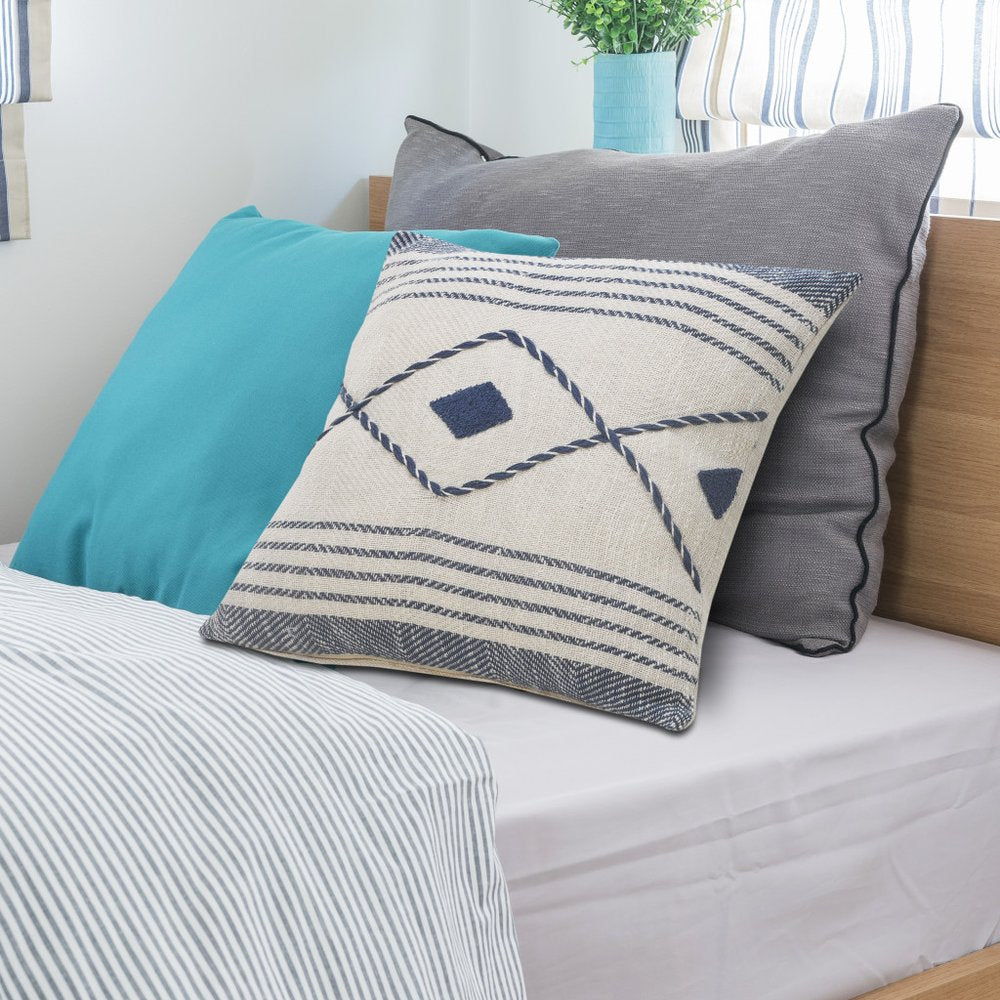 20" Blue And White Beach Geometric Cotton Throw Pillow Cover