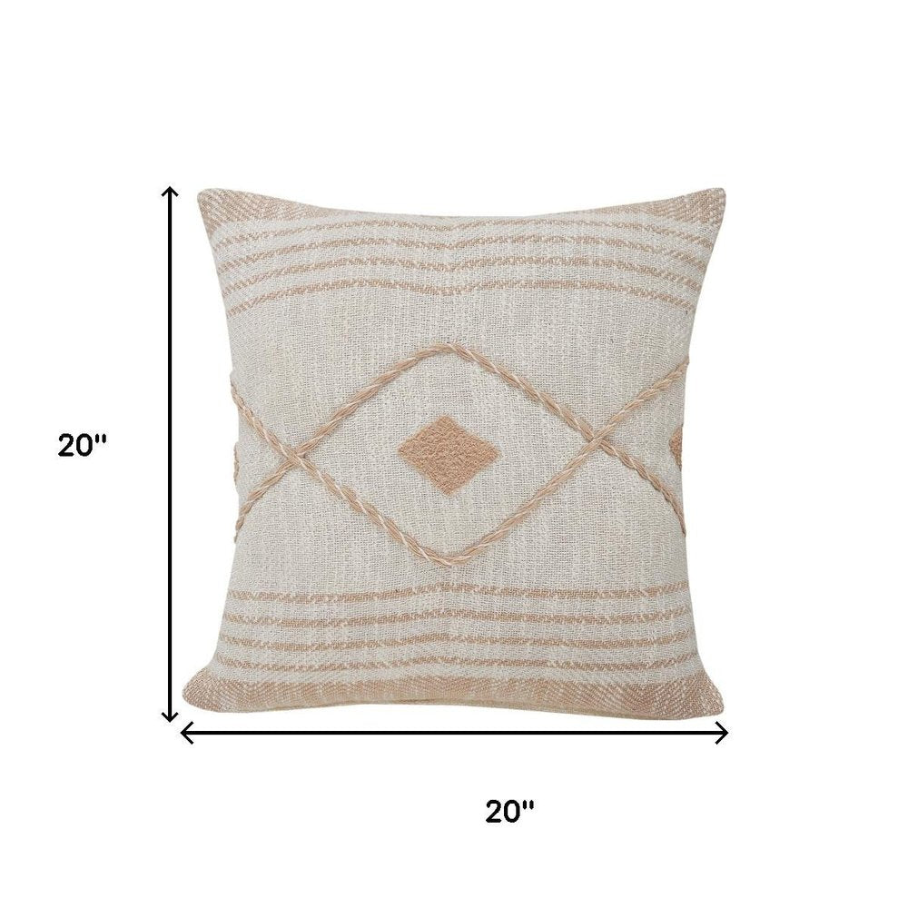 20" Cream And Tan Beach Geometric Cotton Throw Pillow Cover with Embroidery
