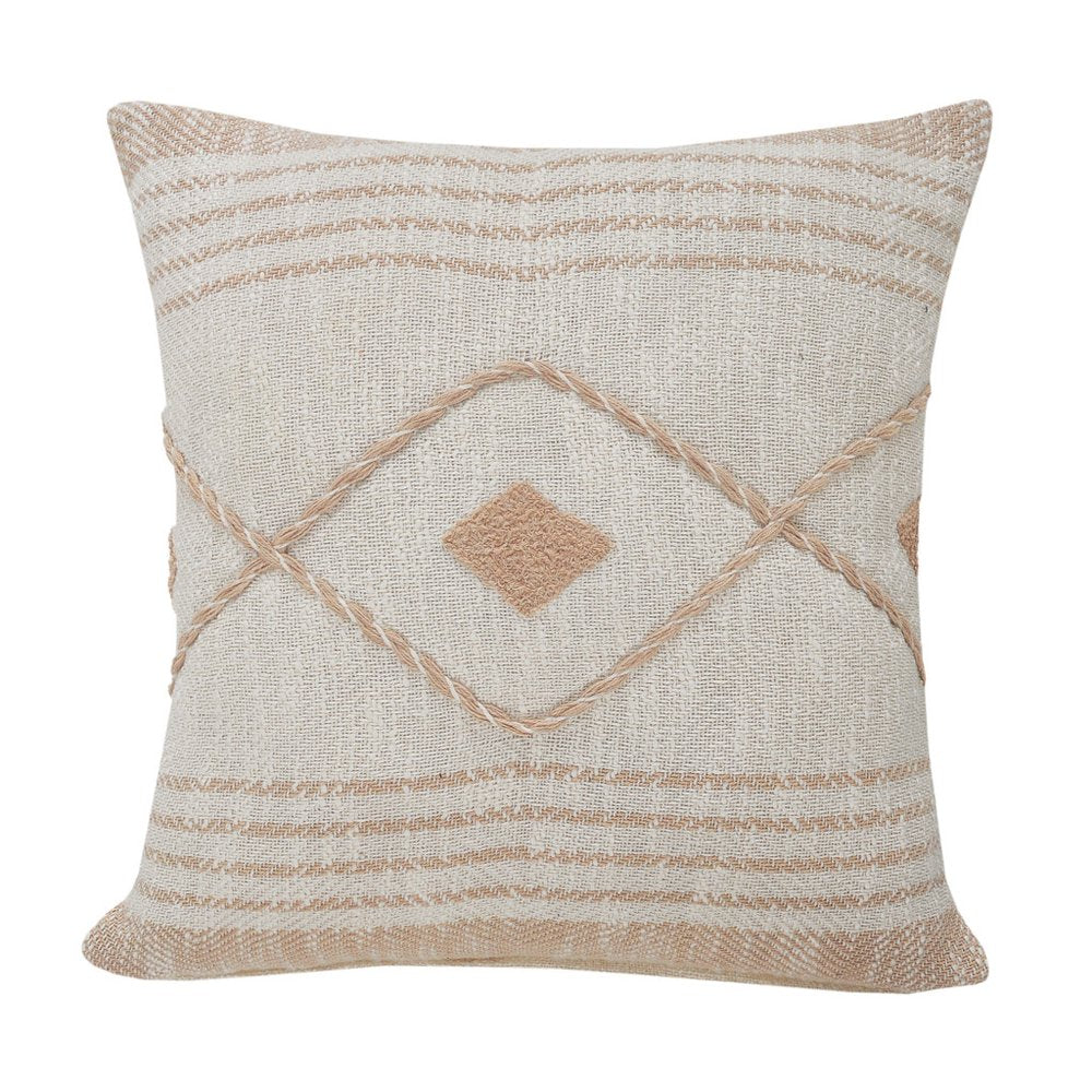 20" Cream And Tan Beach Geometric Cotton Throw Pillow Cover with Embroidery