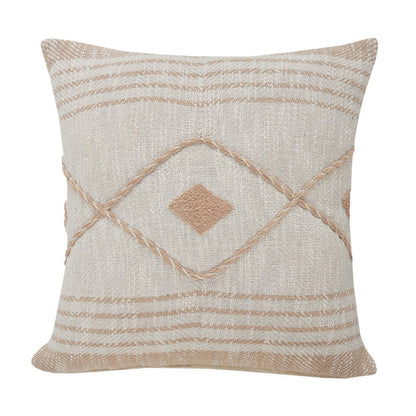 20" Cream And Tan Beach Geometric Cotton Throw Pillow Cover with Embroidery