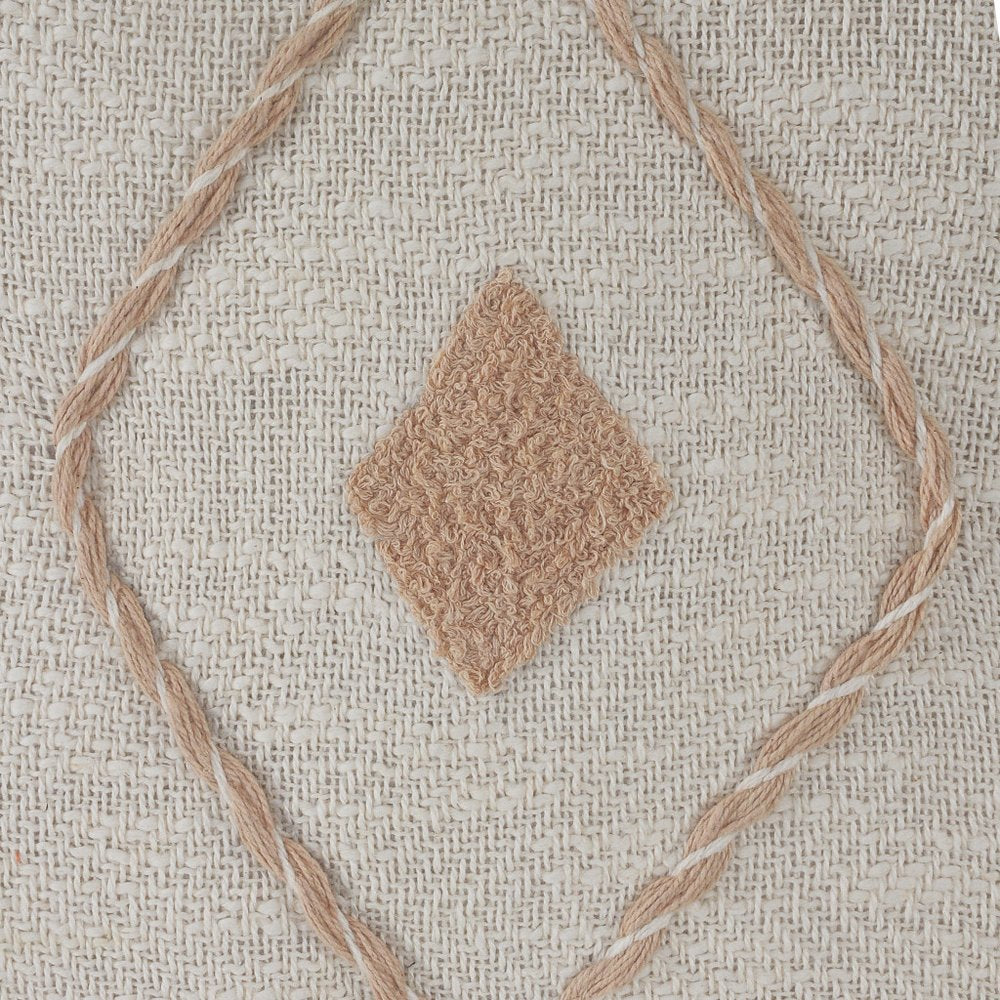 20" Cream And Tan Beach Geometric Cotton Throw Pillow Cover with Embroidery