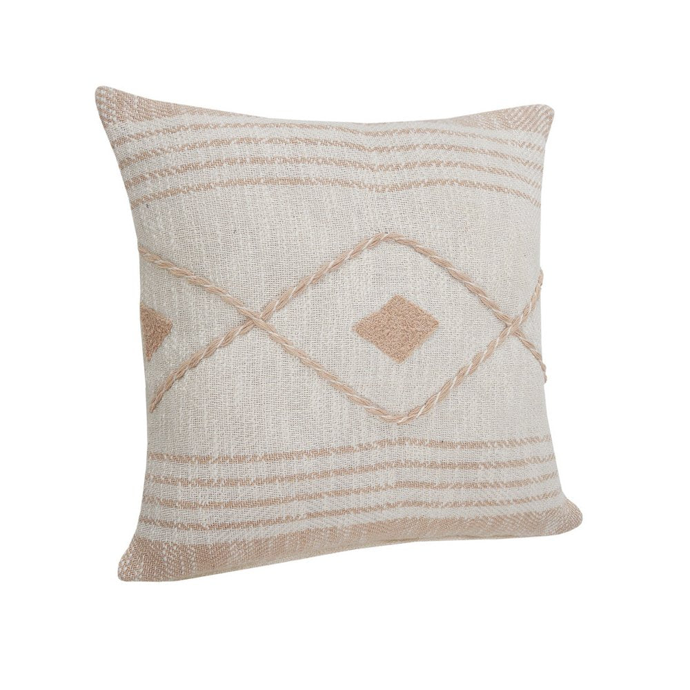 20" Cream And Tan Beach Geometric Cotton Throw Pillow Cover with Embroidery