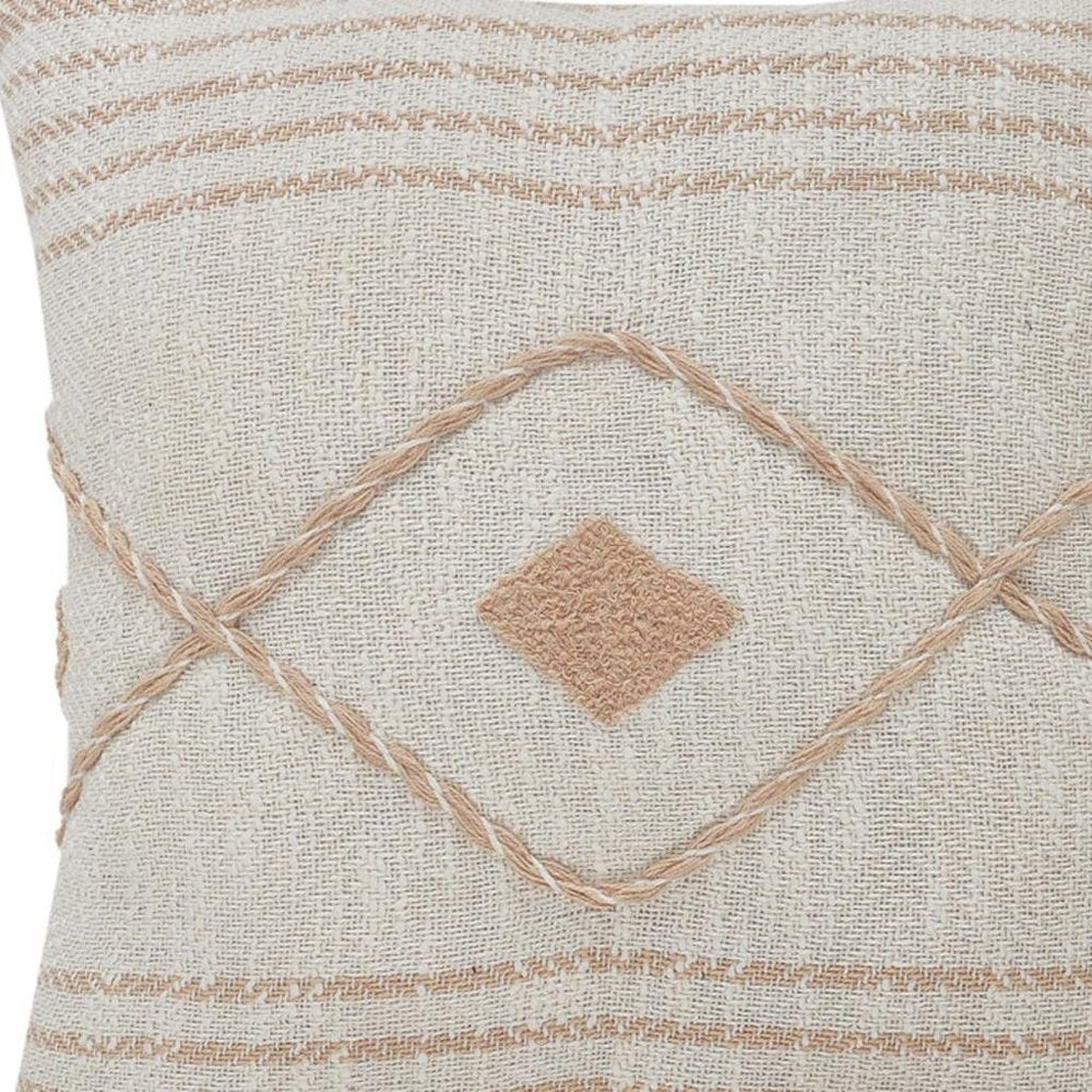 20" Cream And Tan Beach Geometric Cotton Throw Pillow Cover with Embroidery