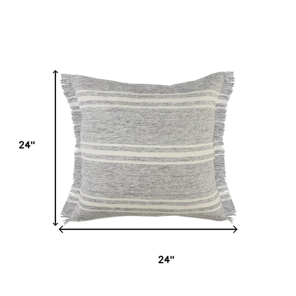 24" Gray And Ivory Striped Throw Pillow Cover
