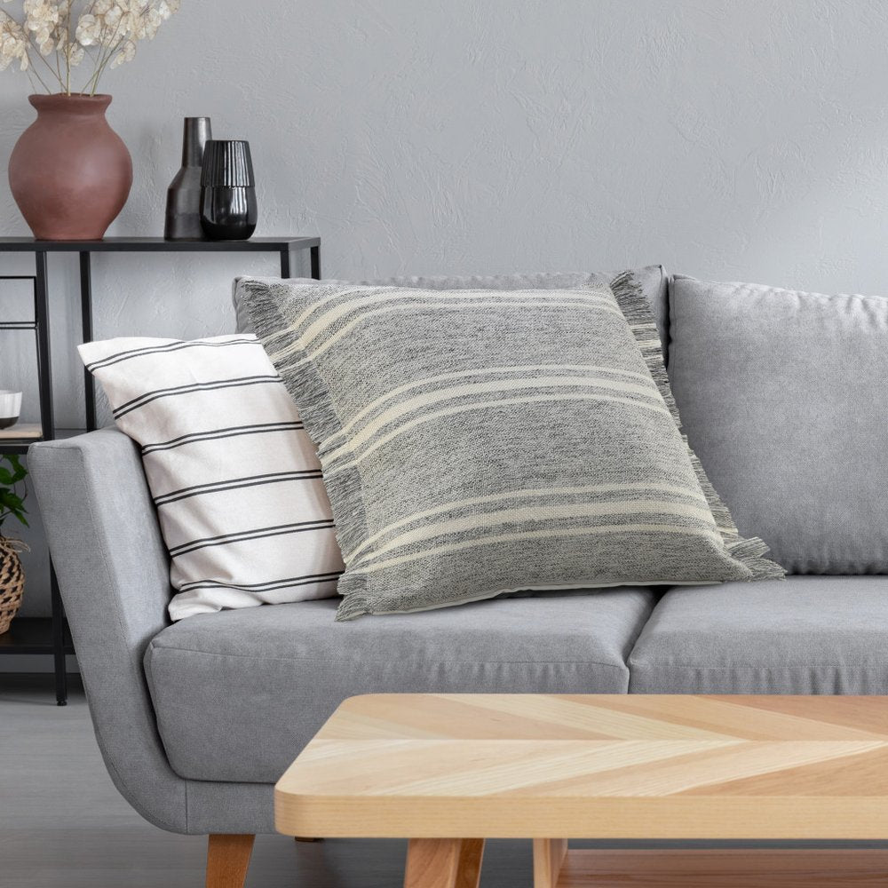 24" Gray And Ivory Striped Throw Pillow Cover