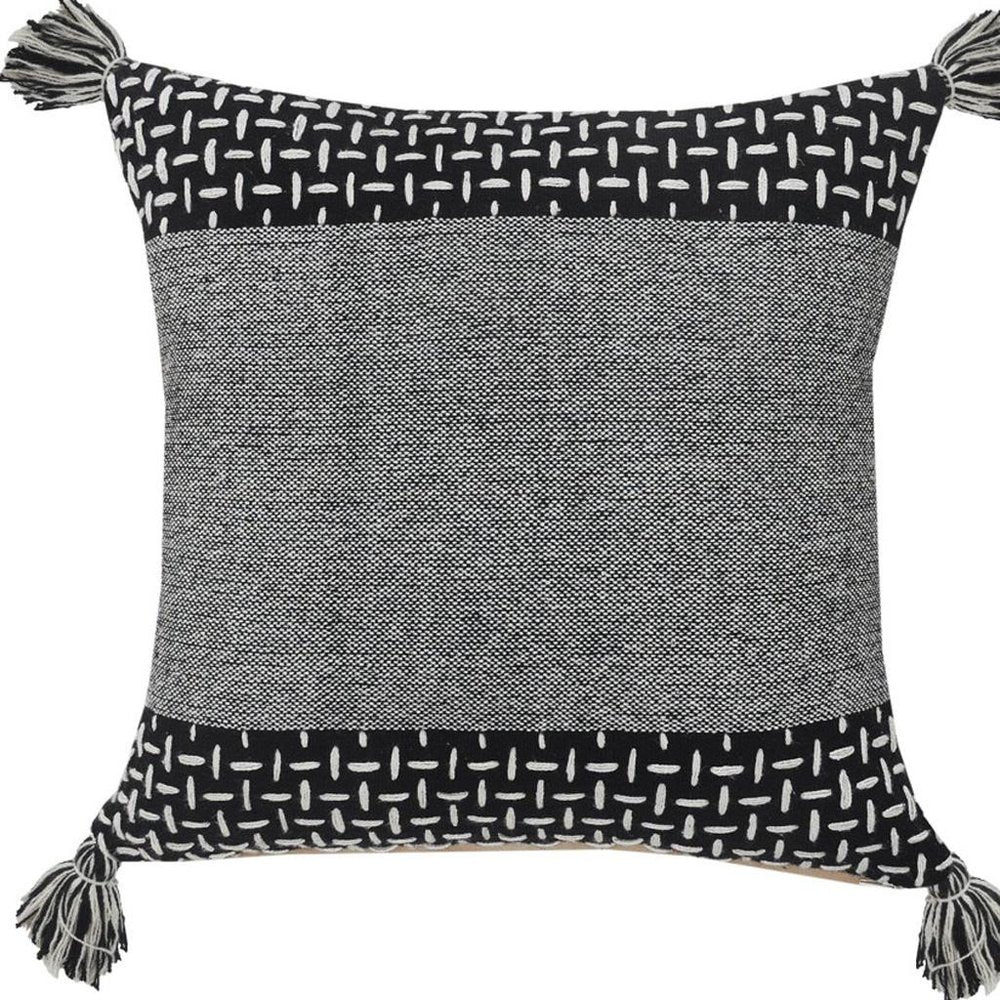 20" Black And White Geometric Cotton Throw Pillow Cover with Tassels