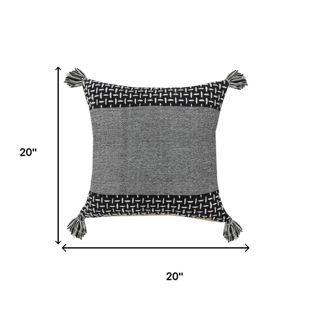 20" Black And White Geometric Cotton Throw Pillow Cover with Tassels