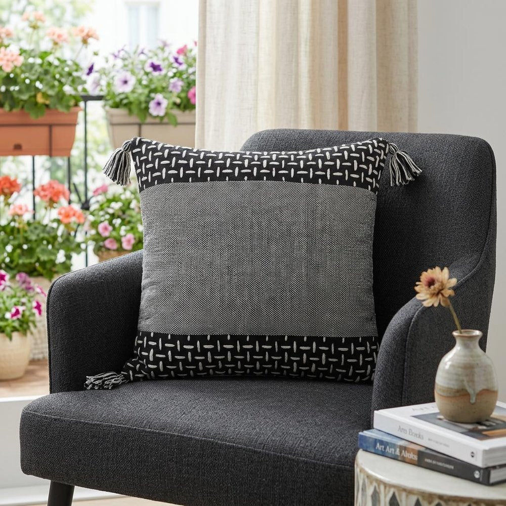 20" Black And White Geometric Cotton Throw Pillow Cover with Tassels
