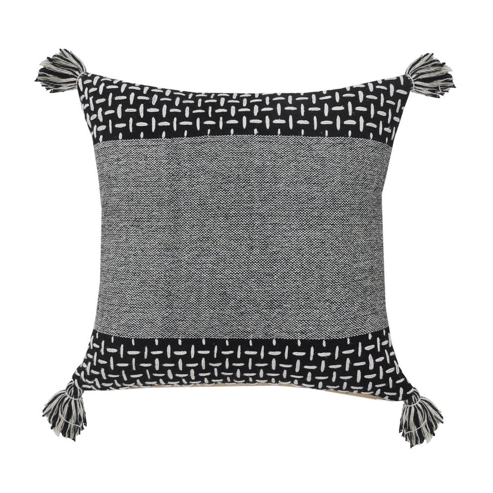 20" Black And White Geometric Cotton Throw Pillow Cover with Tassels