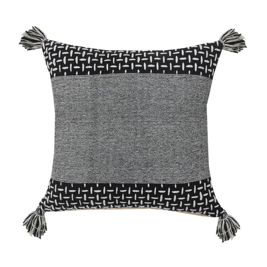 20" Black And White Geometric Cotton Throw Pillow Cover with Tassels