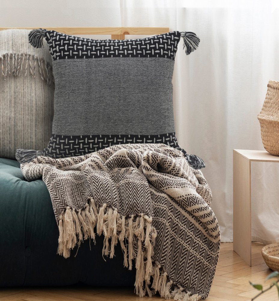 20" Black And White Geometric Cotton Throw Pillow Cover