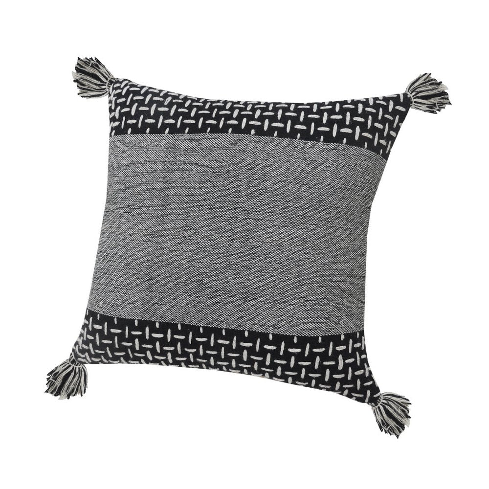 20" Black And White Geometric Cotton Throw Pillow Cover with Tassels