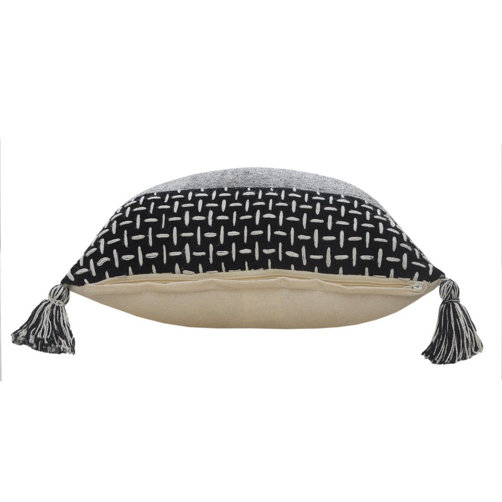 20" Black And White Geometric Cotton Throw Pillow Cover with Tassels