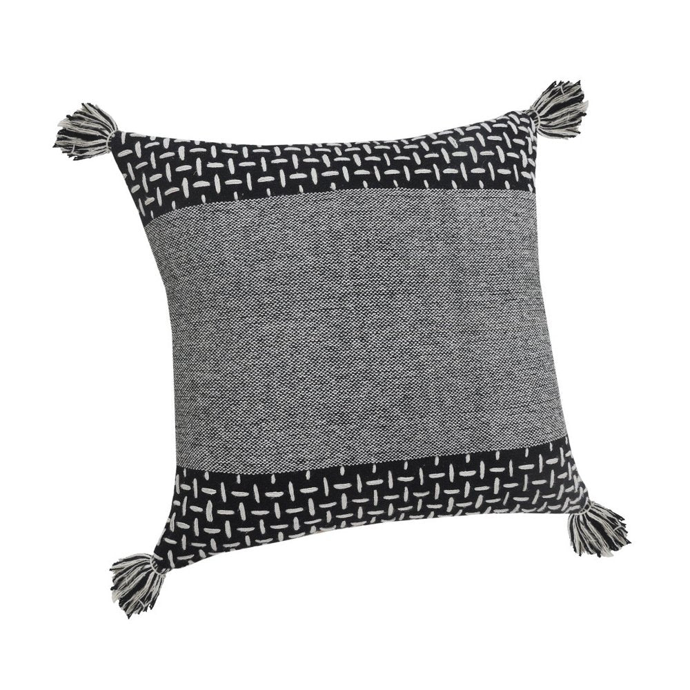 20" Black And White Geometric Cotton Throw Pillow Cover with Tassels