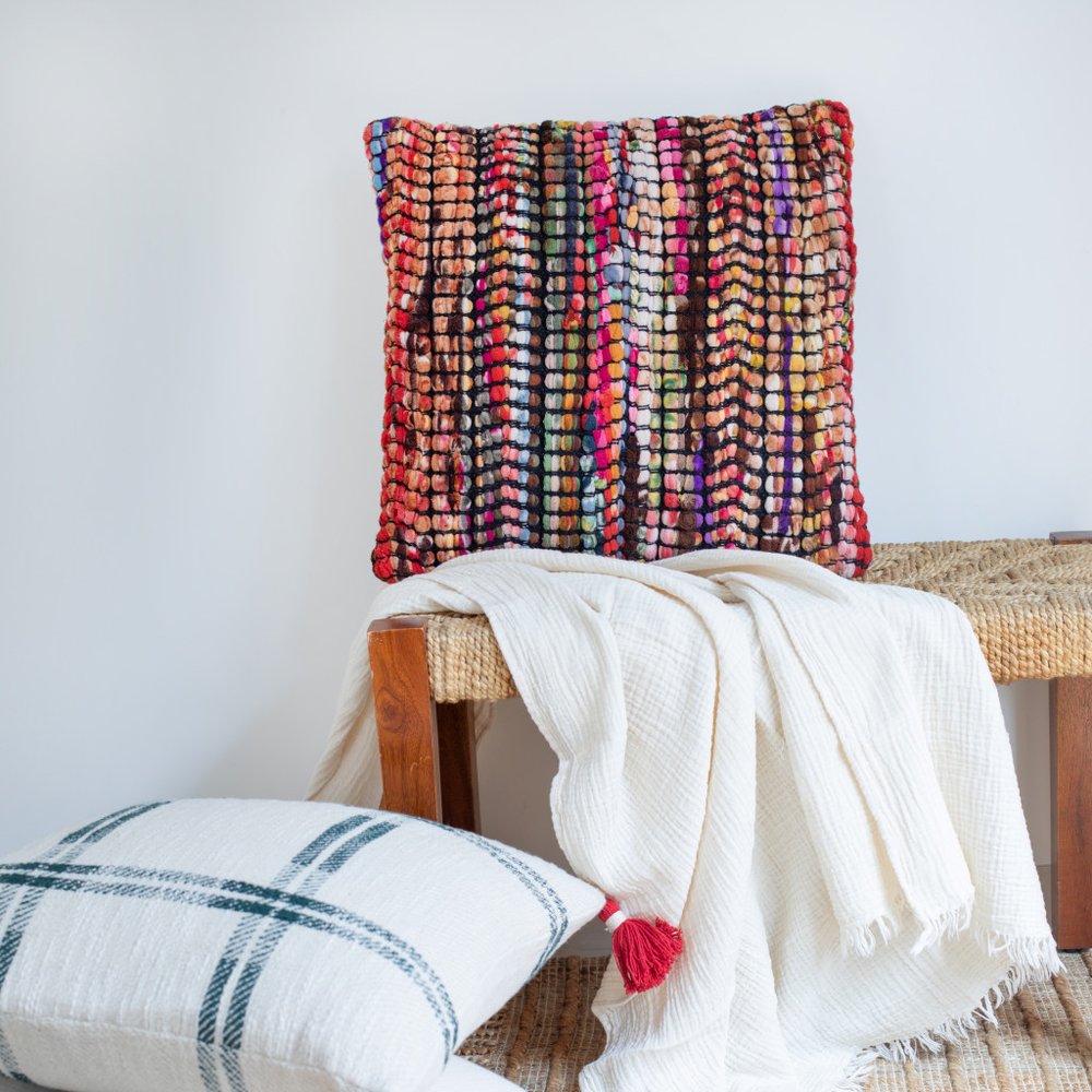 20" Pink Red And Blue Geometric Cotton Blend Throw Pillow Cover
