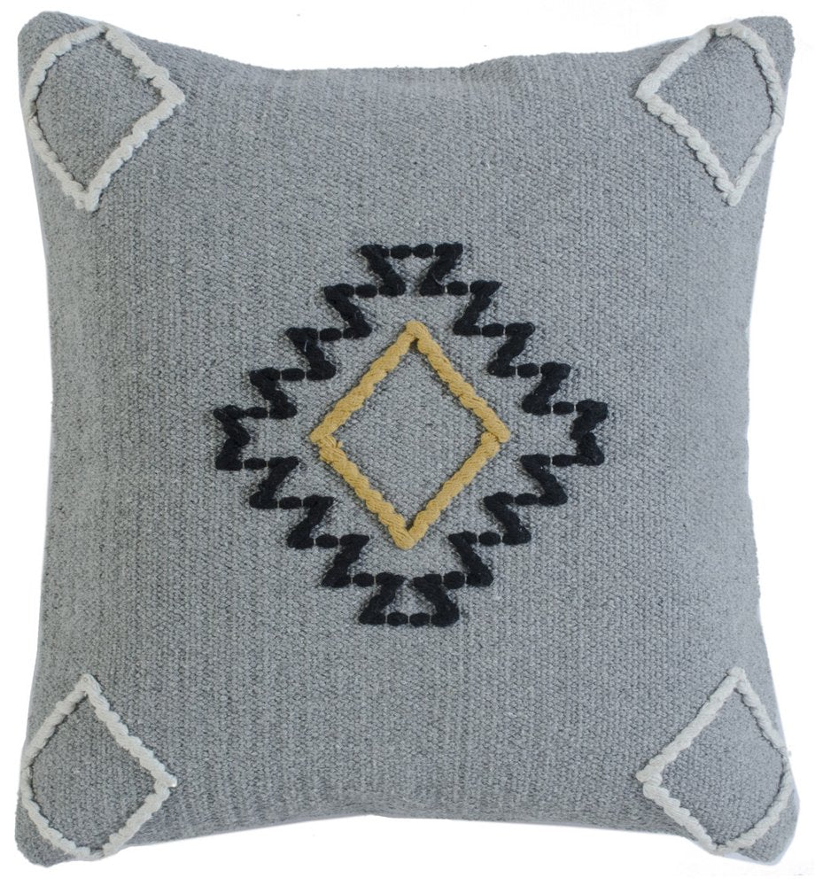 20" Gray And Yellow Geometric Cotton Blend Throw Pillow Cover with Embroidery And Texture