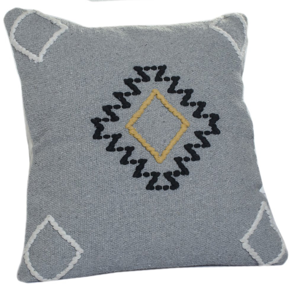 20" Gray And Yellow Geometric Cotton Blend Throw Pillow Cover with Embroidery And Texture