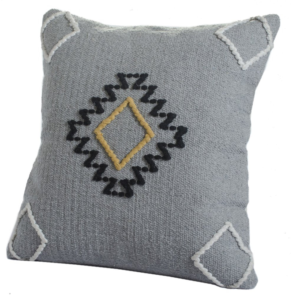 20" Gray And Yellow Geometric Cotton Blend Throw Pillow Cover with Embroidery And Texture
