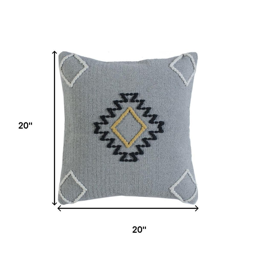20" Gray And Yellow Geometric Cotton Blend Throw Pillow Cover with Embroidery And Texture