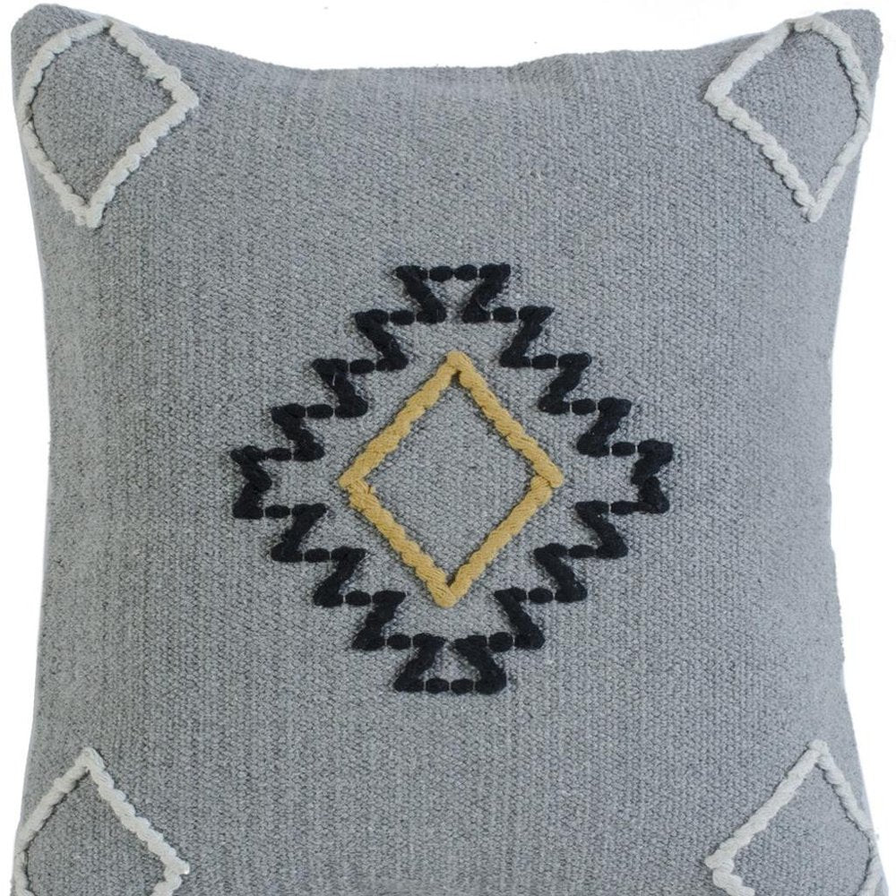 20" Gray And Yellow Geometric Cotton Blend Throw Pillow Cover with Embroidery And Texture