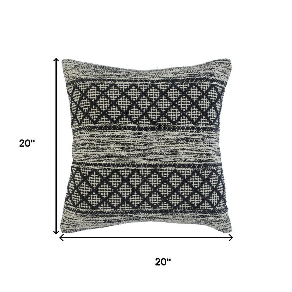 20" Black And White Diamond Cotton Blend Throw Pillow Cover with Embroidery And Texture