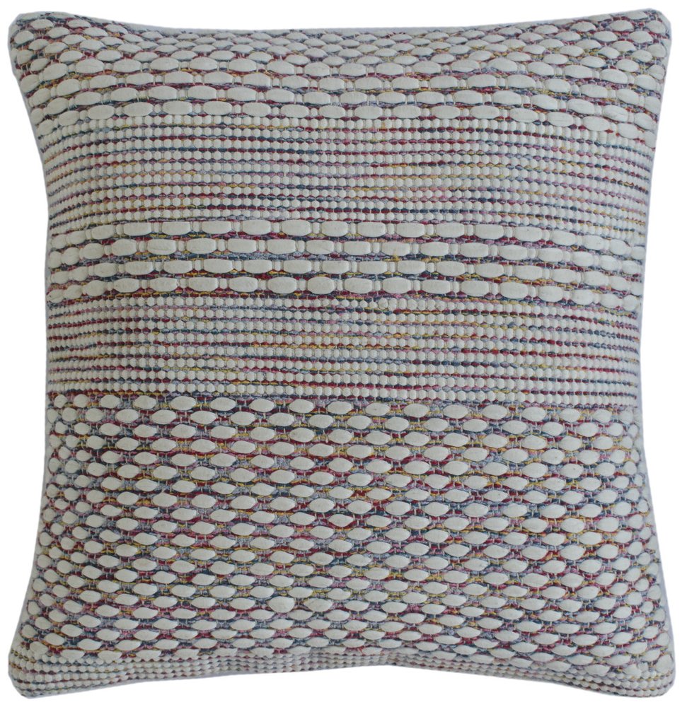 20" Cream Blue And Red Striped Cotton Blend Throw Pillow Cover