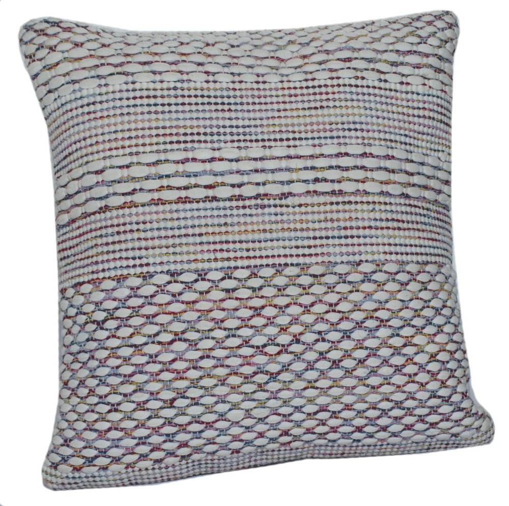 20" Cream Blue And Red Striped Cotton Blend Throw Pillow Cover