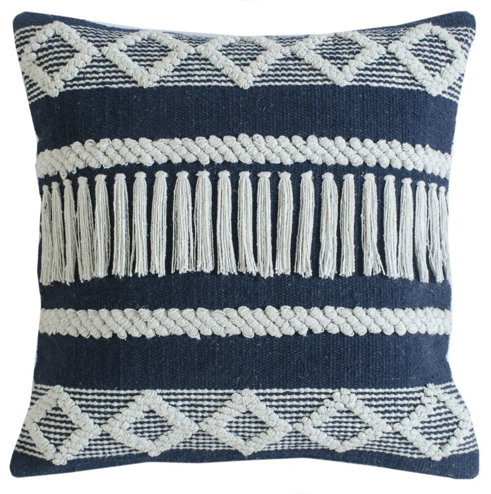 20" Blue And White Striped Cotton Blend Throw Pillow Cover with Embroidery And Texture