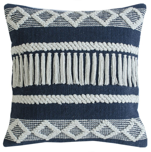 20" Blue And White Striped Cotton Blend Throw Pillow Cover with Embroidery And Texture