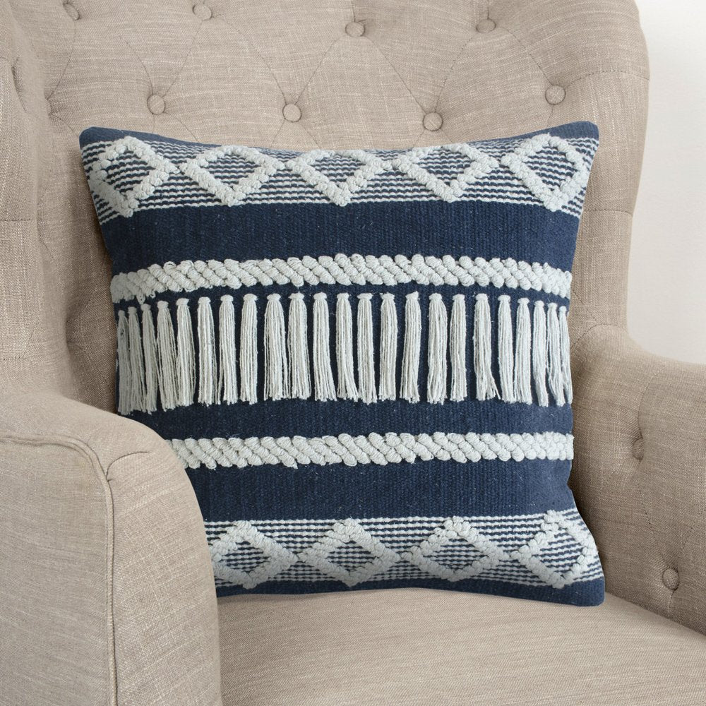 20" Blue And White Striped Cotton Blend Throw Pillow Cover