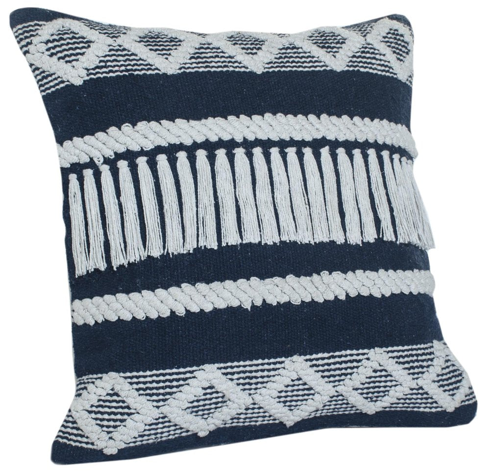 20" Blue And White Striped Cotton Blend Throw Pillow Cover with Embroidery And Texture
