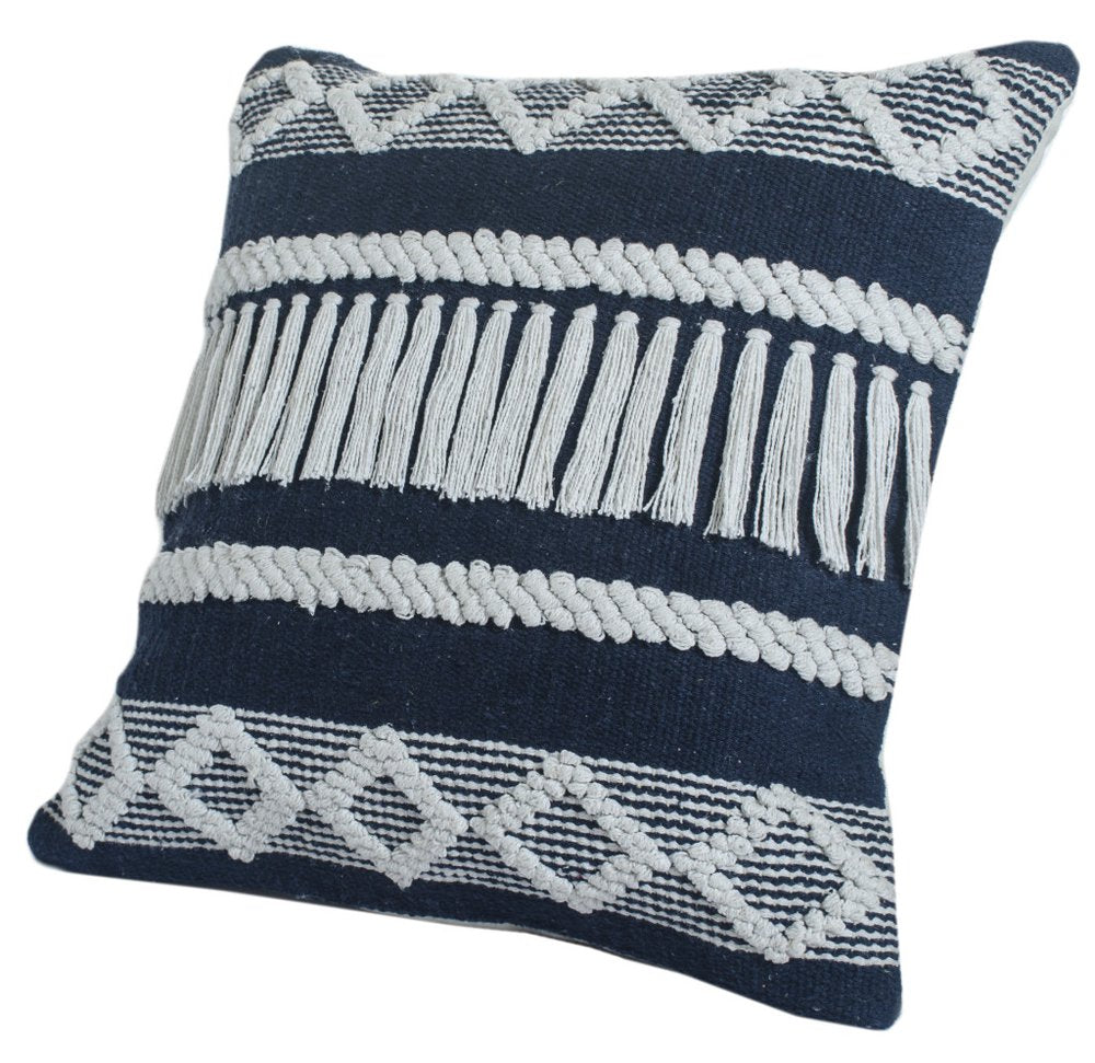 20" Blue And White Striped Cotton Blend Throw Pillow Cover with Embroidery And Texture